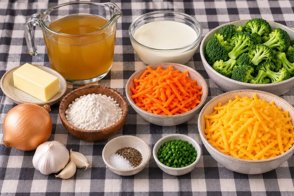 Ingredients for creamy broccoli cheddar soup including broccoli, carrots, cheddar and cream