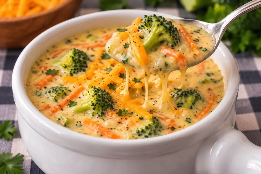 Spoonful of creamy broccoli cheddar soup with melted cheese