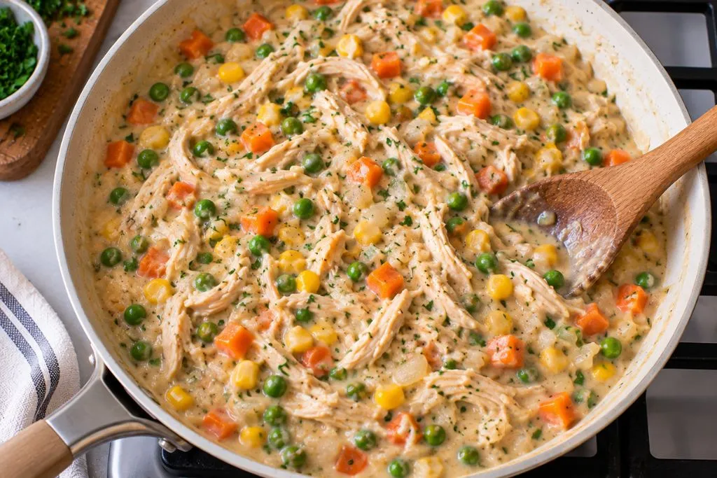 Creamy chicken cobbler filling with shredded chicken, peas, carrots and corn simmering in a skillet