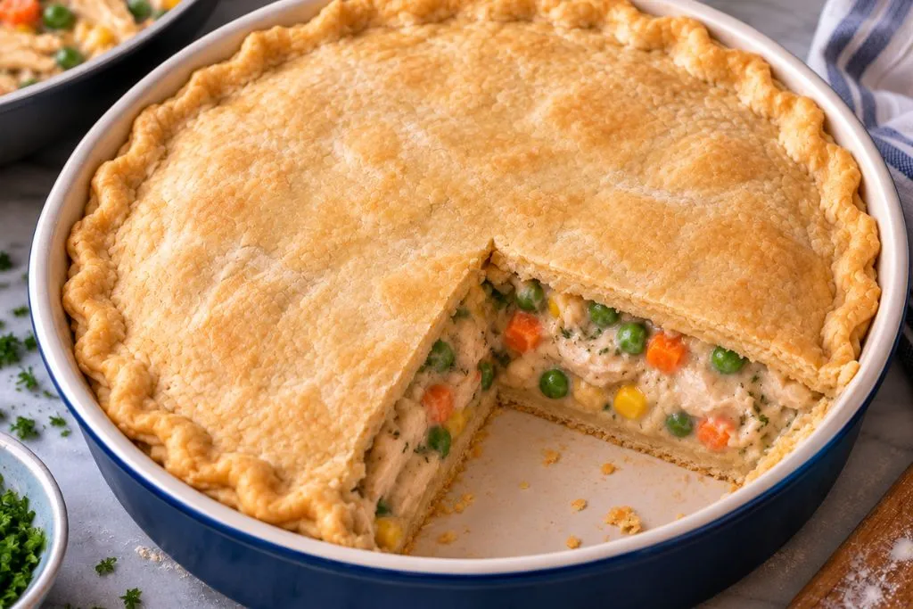 Sliced chicken cobbler showing layers of biscuit dough and creamy chicken filling