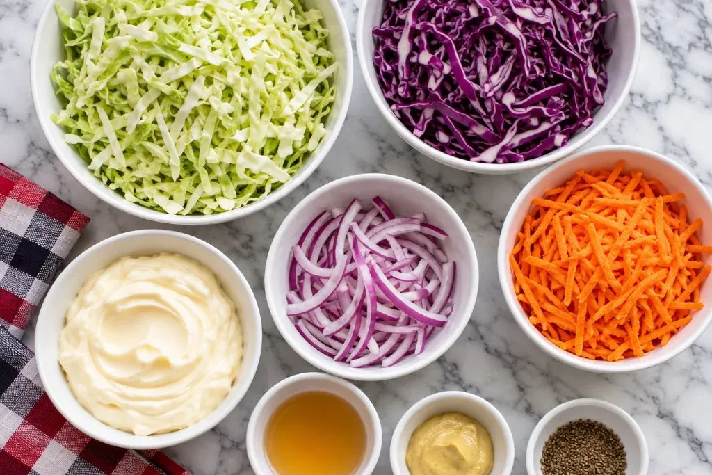 Bowls of shredded green cabbage, shredded red cabbage, sliced red onion and grated carrots next to mayonnaise, vinegar, mustard and celery seed for creamy coleslaw