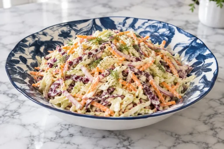 Bowl of creamy coleslaw topped with fresh dill and a sprinkle of black pepper