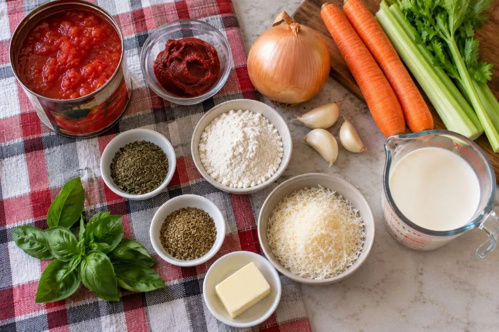 Ingredients for creamy tomato basil soup laid out including canned tomatoes, carrots, celery, onion, garlic, butter, flour, cream and fresh basil