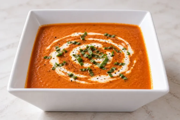 Bowl of creamy tomato basil soup topped with a swirl of cream and fresh basil leaves