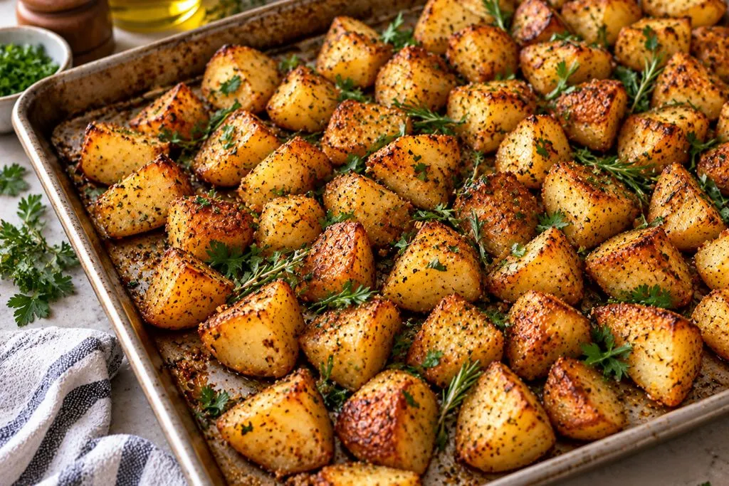 Roasted country potatoes on a baking sheet, golden and garnished with fresh herbs