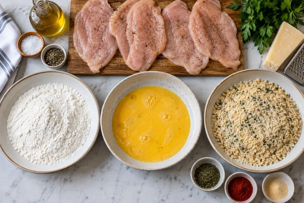 Raw chicken breasts, flour, eggs and seasoned breadcrumbs laid out for making chicken cutlets