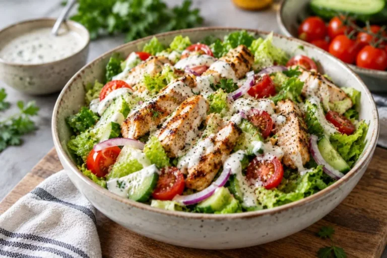 finished ranch chicken salad in a bowl with grilled chicken, tomatoes, cucumber and ranch dressing