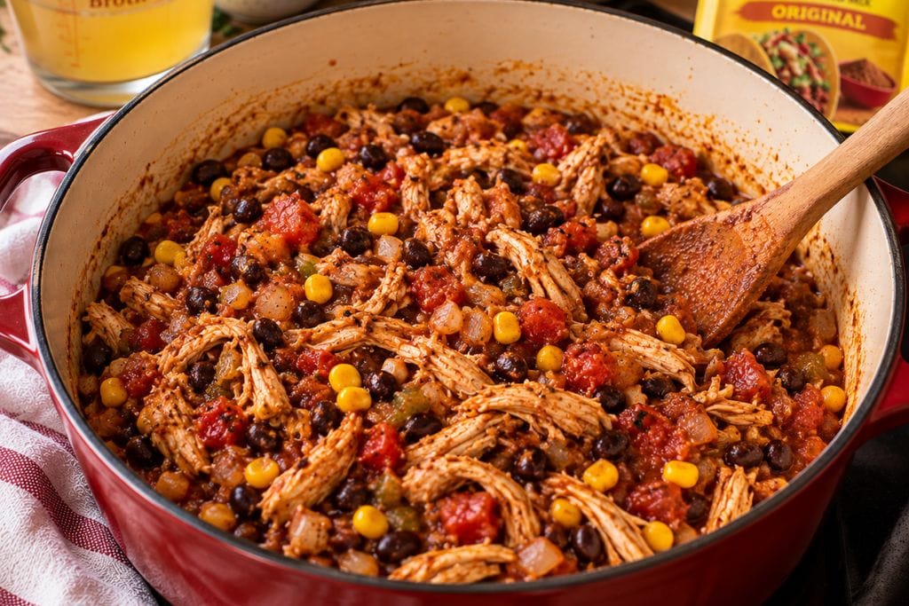 Chicken taco soup ingredients combined in the pot with shredded chicken, beans, corn and tomatoes before adding the broth