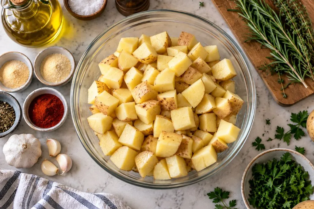 Diced potatoes in a bowl surrounded by olive oil, garlic and fresh herbs