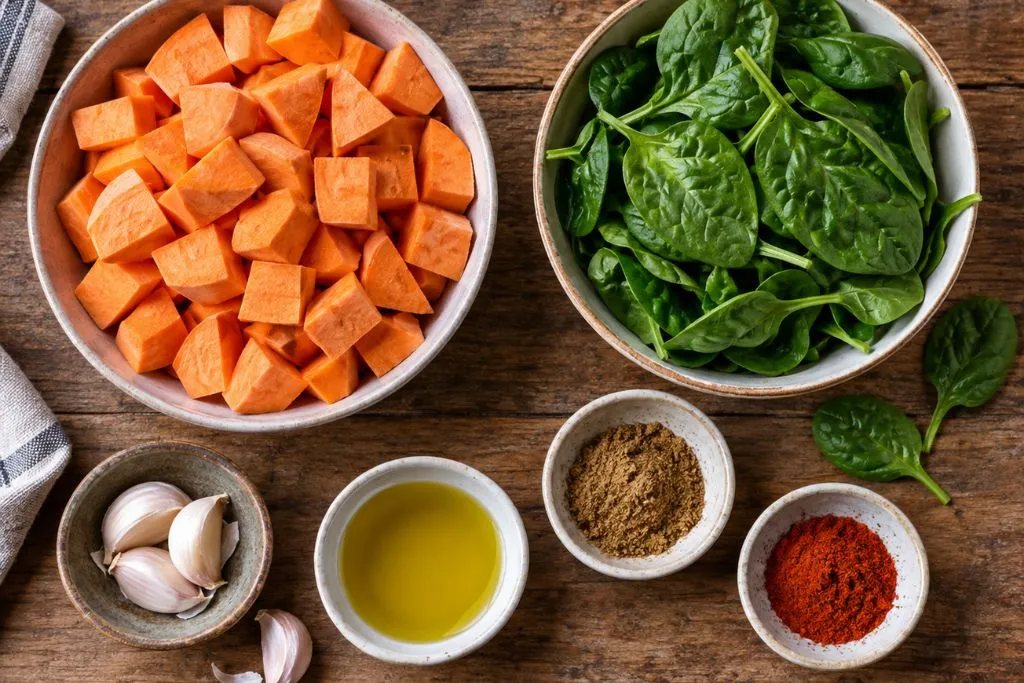 Diced sweet potatoes, fresh spinach, garlic and spices ready to cook