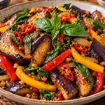 Thai eggplant stir-fry with red, green and yellow bell peppers and Thai basil in a bowl