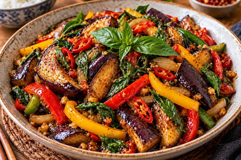 Thai eggplant stir-fry with red, green and yellow bell peppers and Thai basil in a bowl