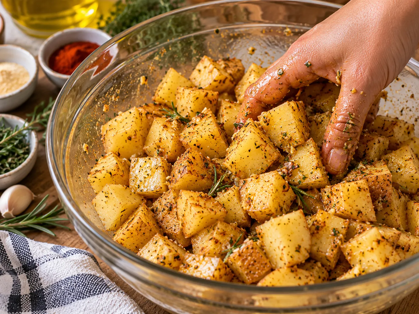 Tossing diced potatoes with olive oil and seasoning in a bowl