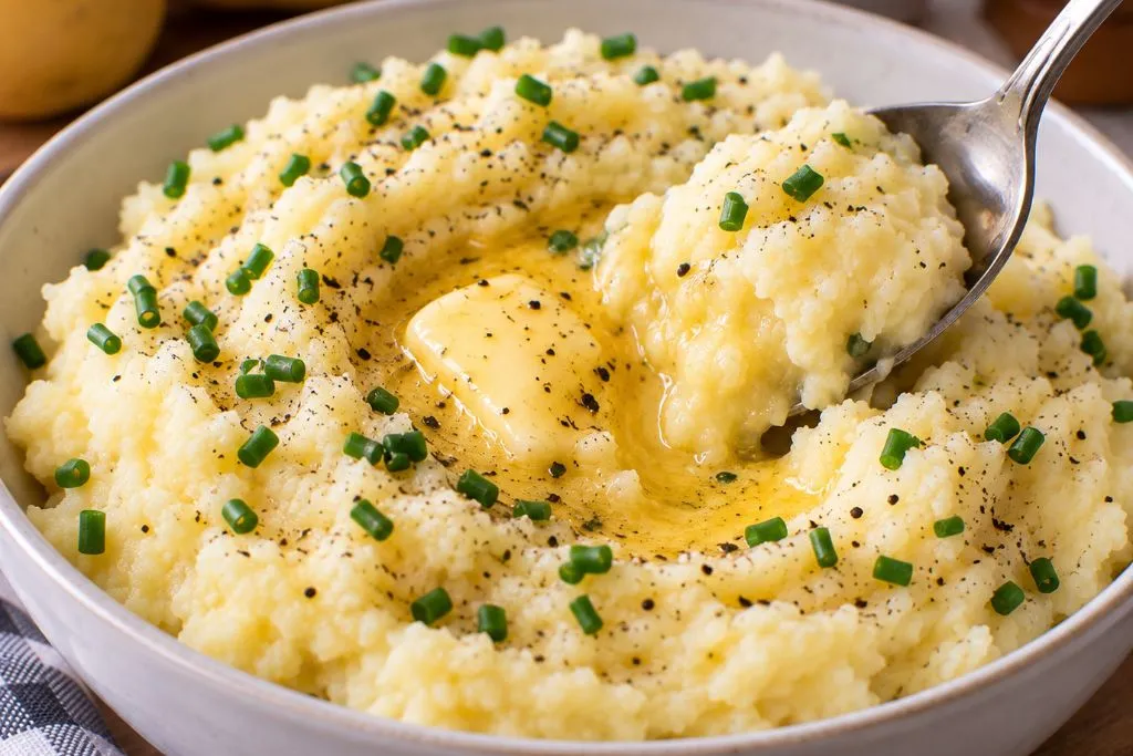 Spoon lifting a bite of creamy garlic mashed potatoes topped with melted butter and chives