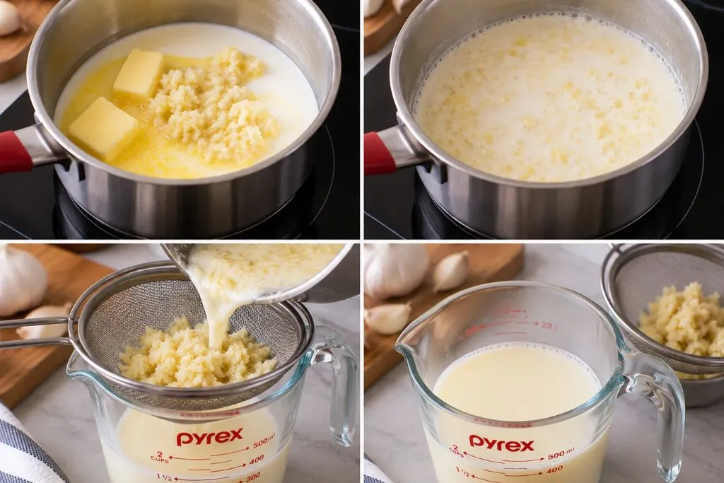 Step-by-step collage of garlic and butter warming in milk, simmering, then strained through a sieve to separate the garlic