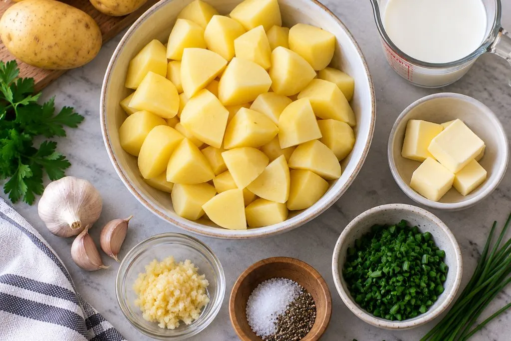 Peeled potato chunks, garlic, butter, milk, chives, salt and pepper measured out for garlic mashed potatoes