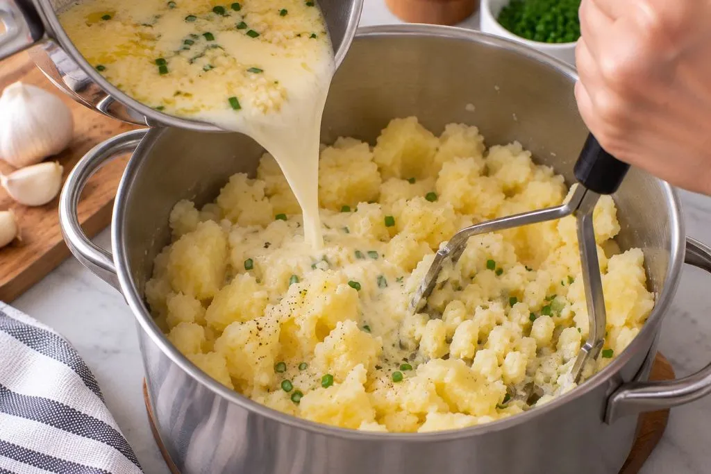 Warm garlic butter and milk being poured over roughly mashed potatoes in a pot