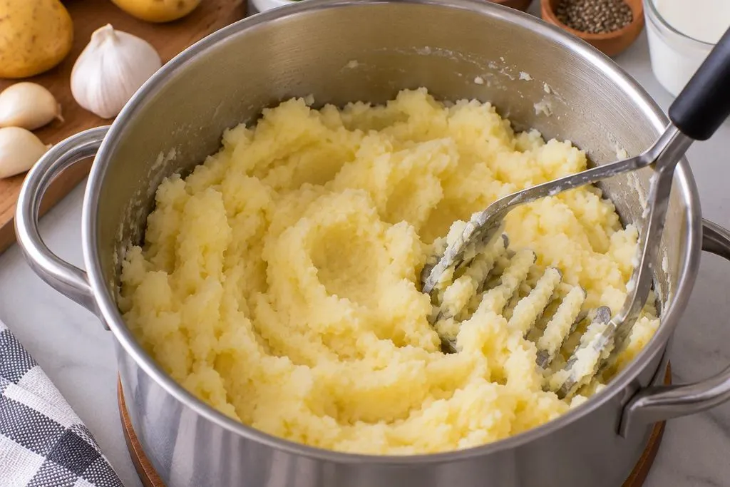 Mashing boiled potatoes with a potato masher in a large pot