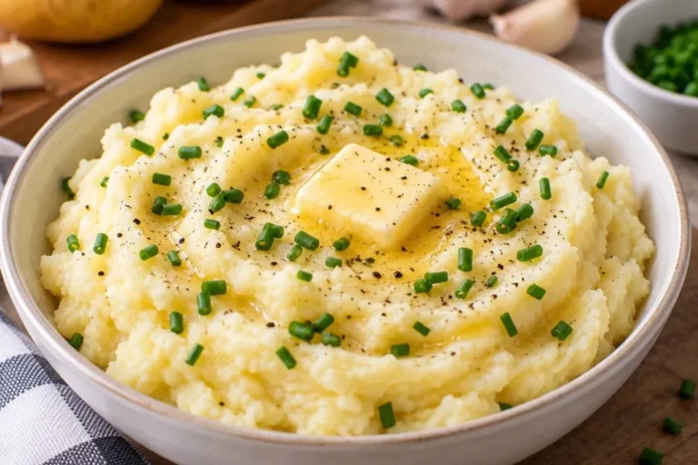 Bowl of fluffy garlic mashed potatoes topped with a pat of butter and chopped chives