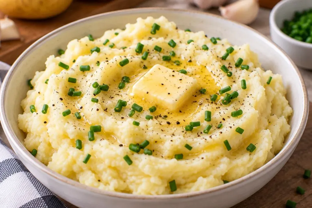 Bowl of fluffy garlic mashed potatoes topped with a pat of butter and chopped chives