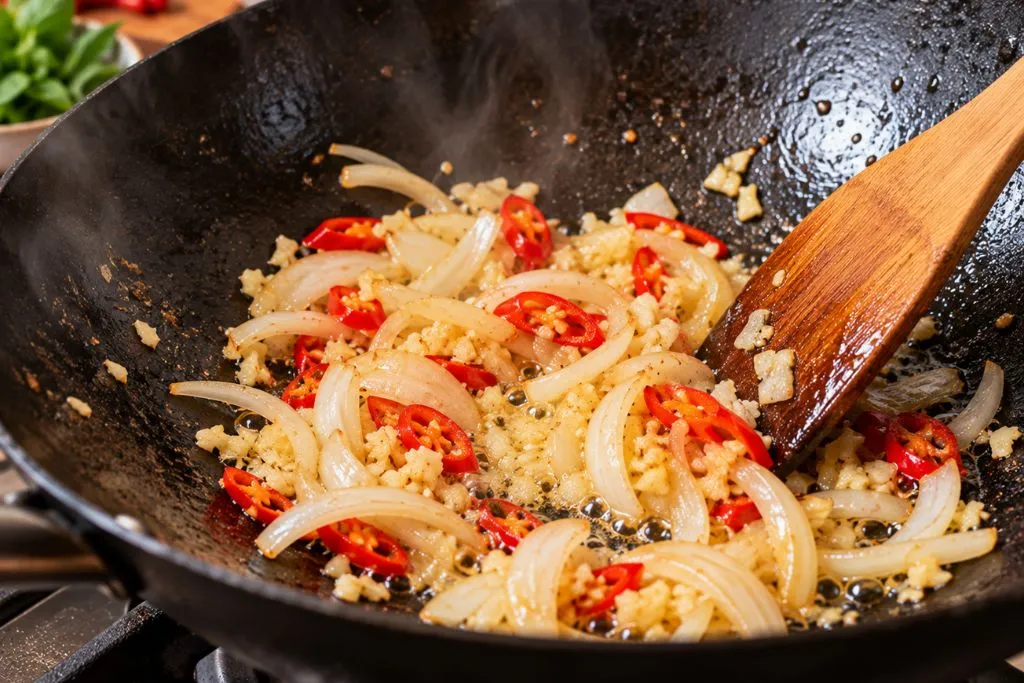 Garlic, onion and chili sizzling in a wok for Thai eggplant stir-fry