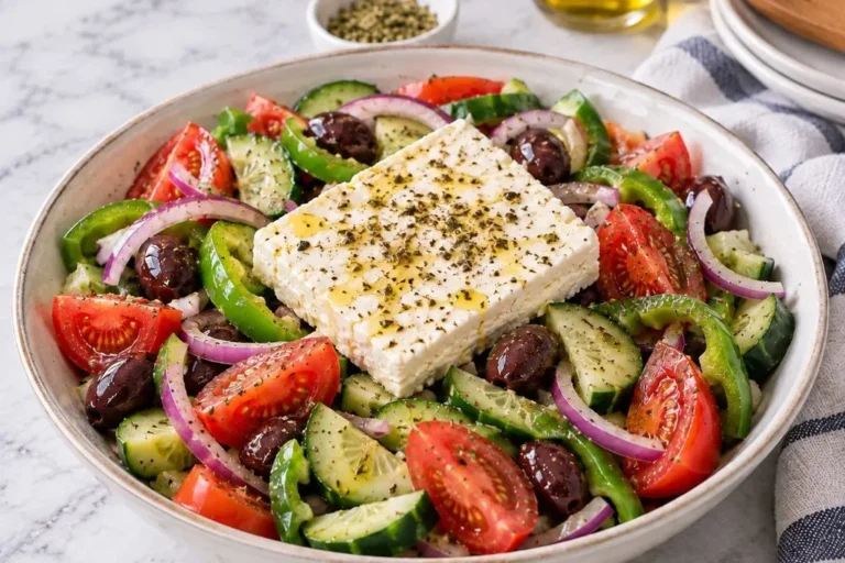 Classic Greek salad with a block of feta on top, drizzled with olive oil and oregano