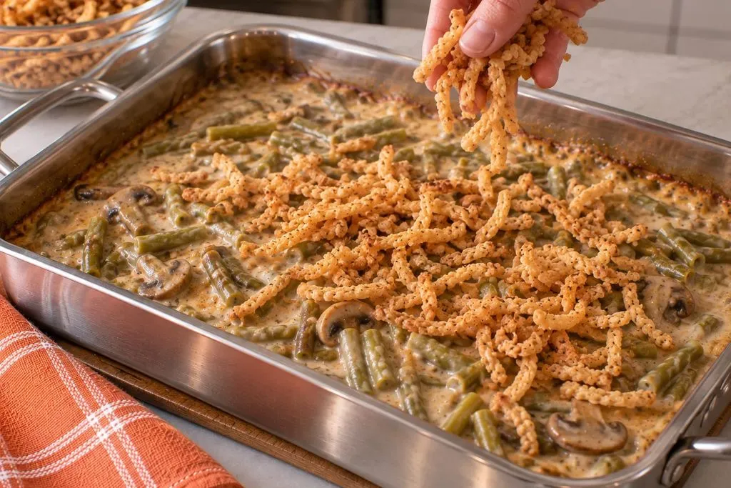 Sprinkling crispy fried onions over green bean casserole halfway through baking