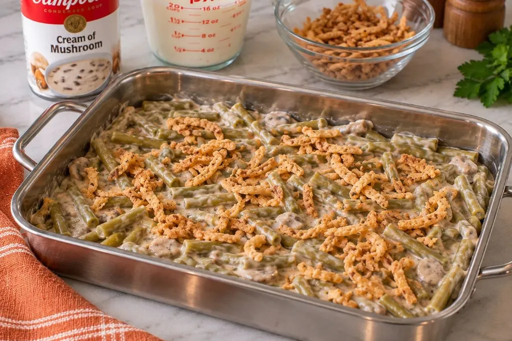 Green bean casserole topped with fried onions in a baking dish, ready to go in the oven