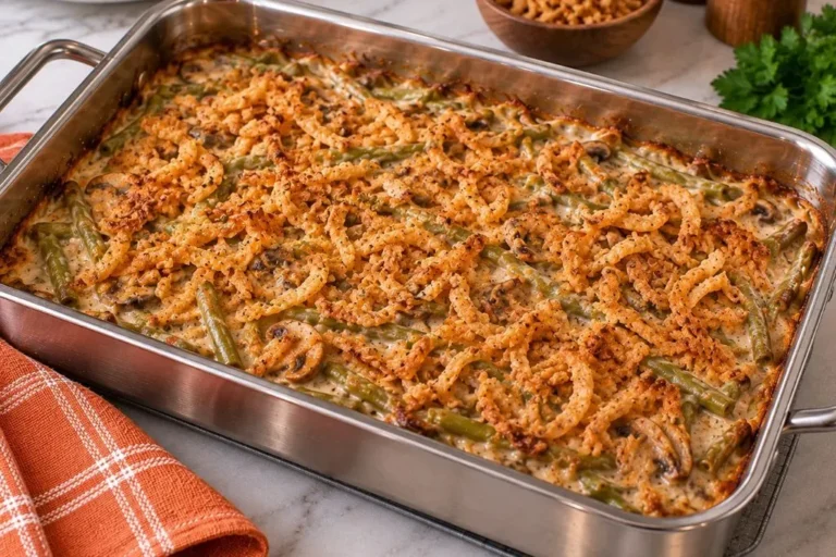 Baked green bean casserole with crispy fried onion topping in a metal baking dish