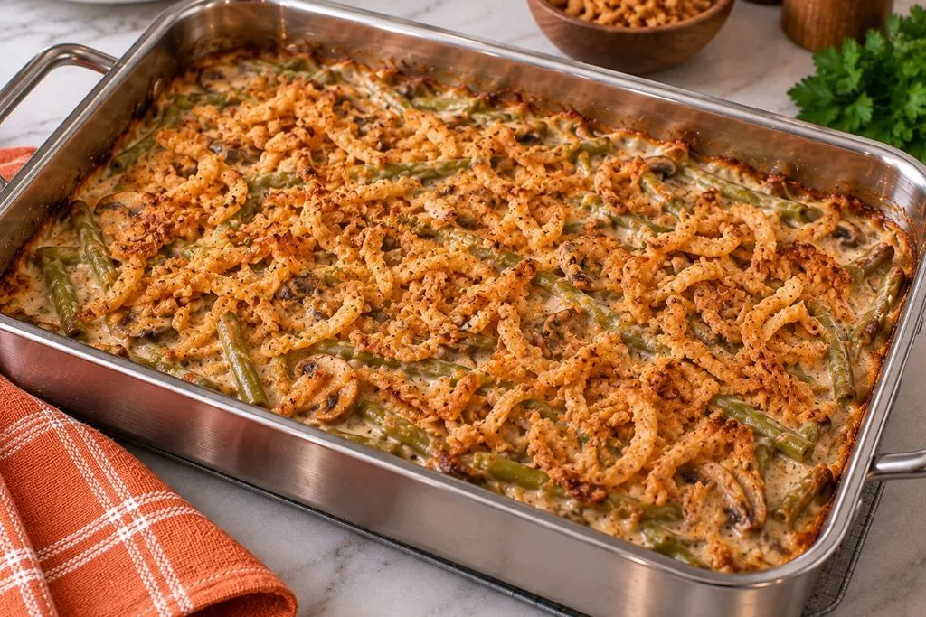 Baked green bean casserole with crispy fried onion topping in a metal baking dish