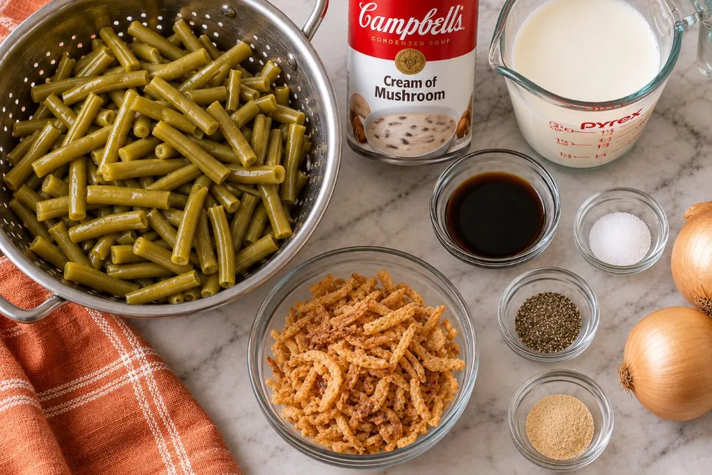 Canned green beans, cream of mushroom soup, milk, soy sauce, seasonings and fried onions measured out for green bean casserole