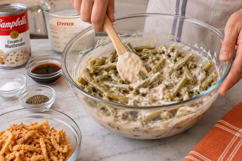 Stirring green beans into a creamy mushroom sauce in a glass bowl