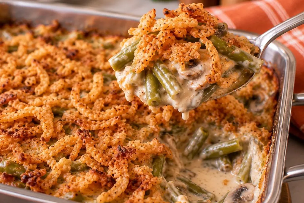 Spoon lifting a creamy scoop of green bean casserole topped with crispy fried onions