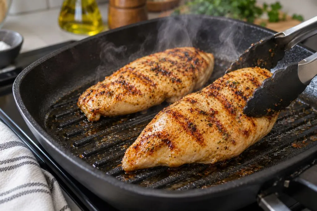 chicken breasts seasoned and grilling in a pan for ranch chicken salad