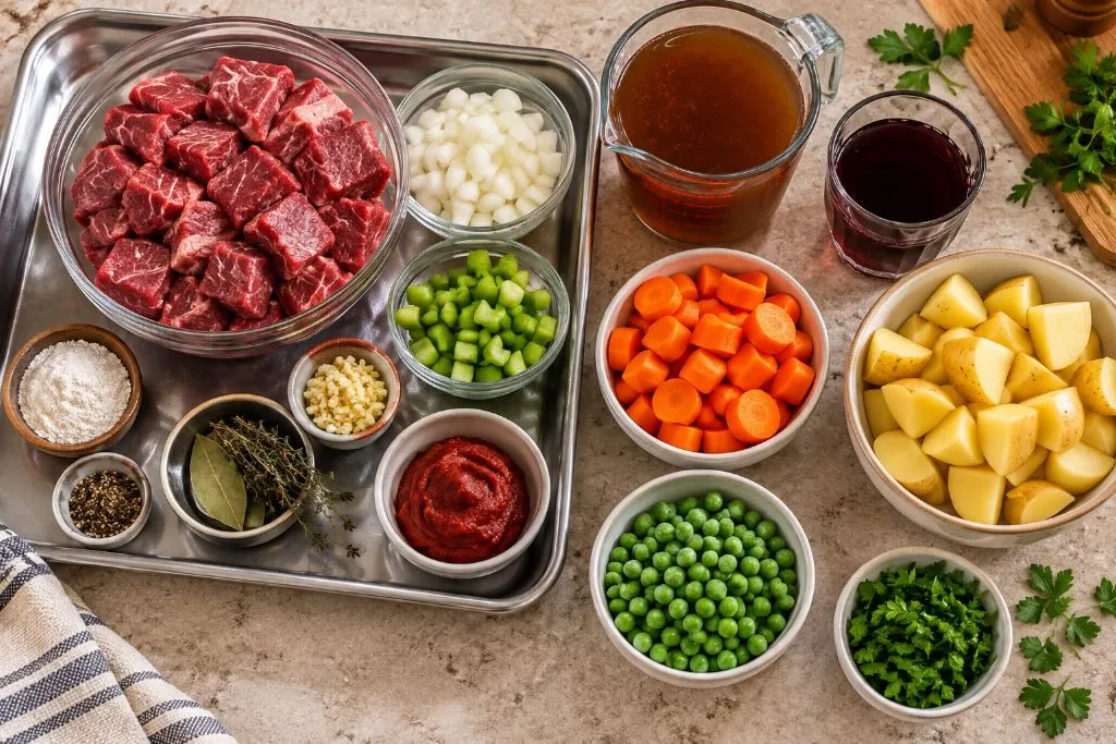 Ingredients for hearty vegetable beef stew including beef chuck, carrots, potatoes, celery, onion and broth