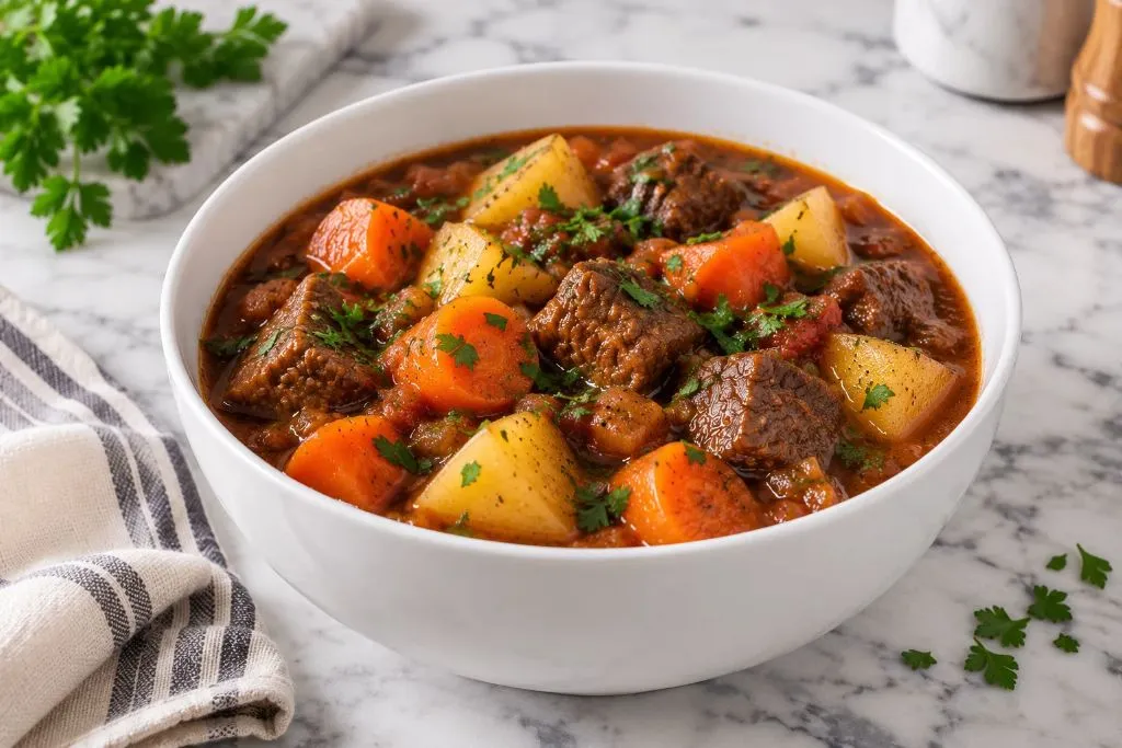 Hearty vegetable beef stew with carrots and potatoes served in a white bowl
