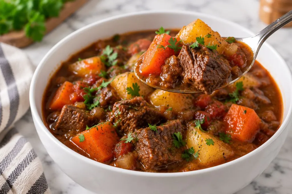 Spoonful of hearty vegetable beef stew with tender beef and vegetables