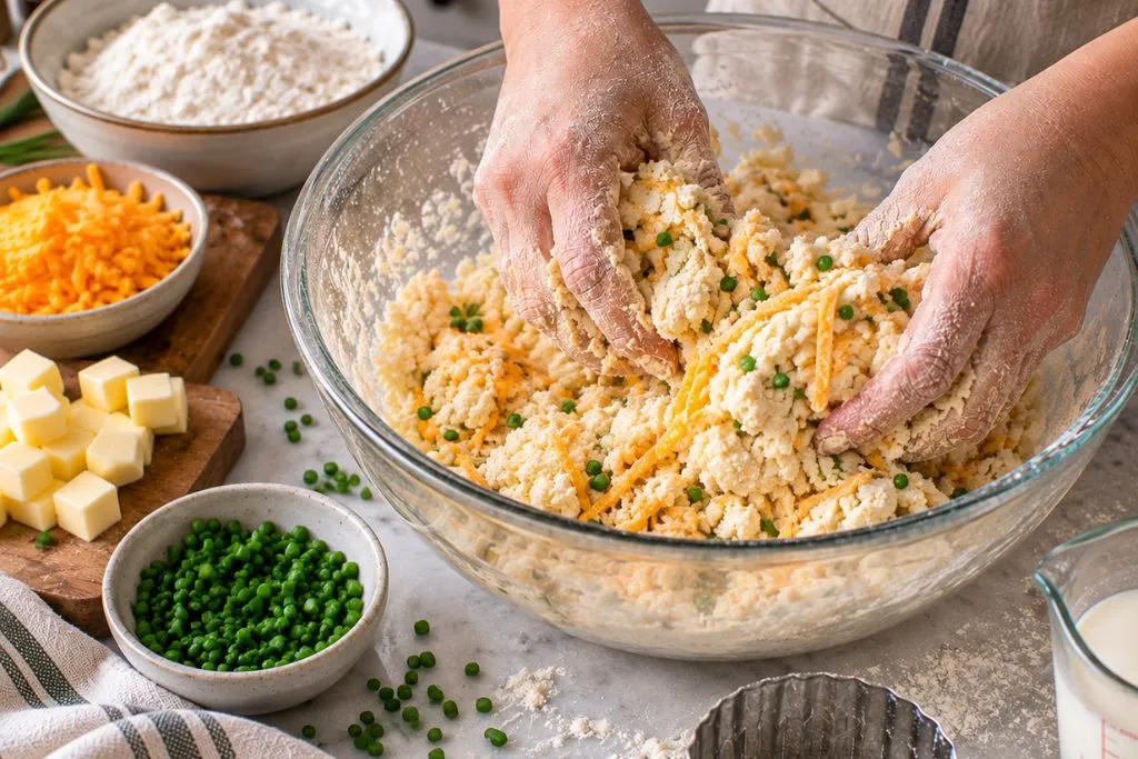 Hands mixing biscuit dough with cheddar cheese and peas for chicken cobbler topping