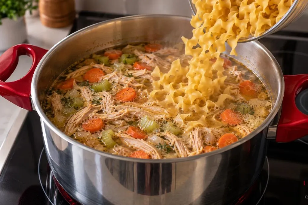 Wide egg noodles being poured into a pot of simmering chicken noodle soup with shredded chicken, carrots and celery