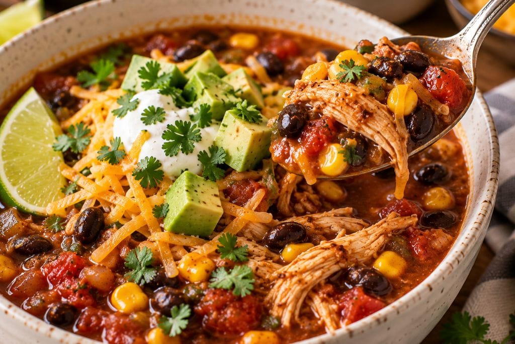 Spoon lifting a bite of chicken taco soup showing shredded chicken, beans and corn