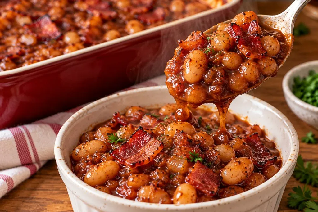 Spoon serving homestyle baked beans with bacon into a bowl