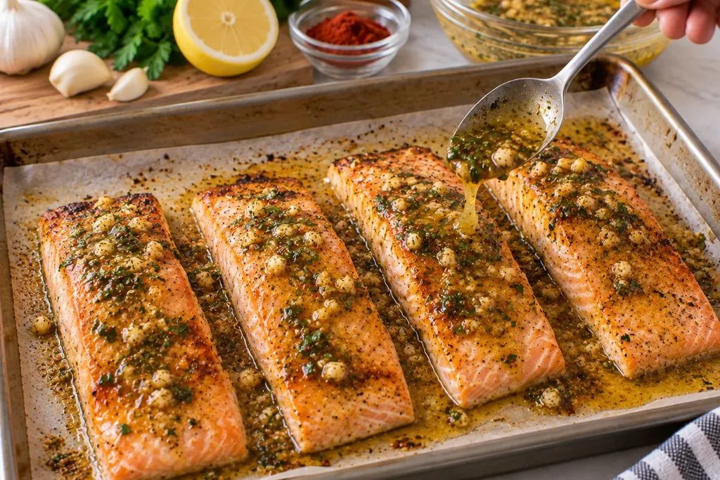 Spoon drizzling the second half of honey garlic glaze over partially baked salmon fillets