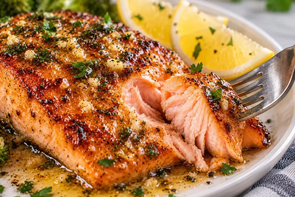 Fork pulling apart a flaky bite of baked honey garlic salmon glazed and garnished with parsley and lemon