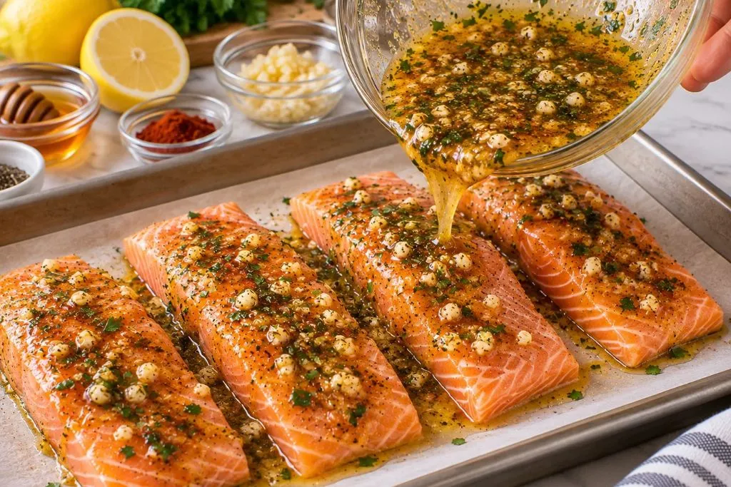 Honey garlic glaze poured over raw salmon fillets on a baking sheet before baking