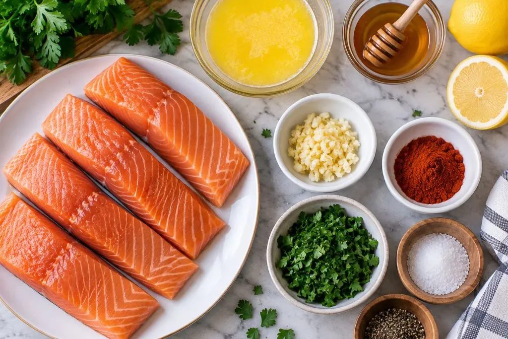 Raw salmon fillets on a plate surrounded by bowls of melted butter, honey, minced garlic, paprika, chopped parsley, salt, pepper and lemon for honey garlic salmon