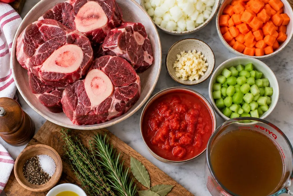 Raw bone-in beef shank, onion, carrots, celery, garlic, diced tomatoes, broth and herbs laid out for braised beef shank recipe