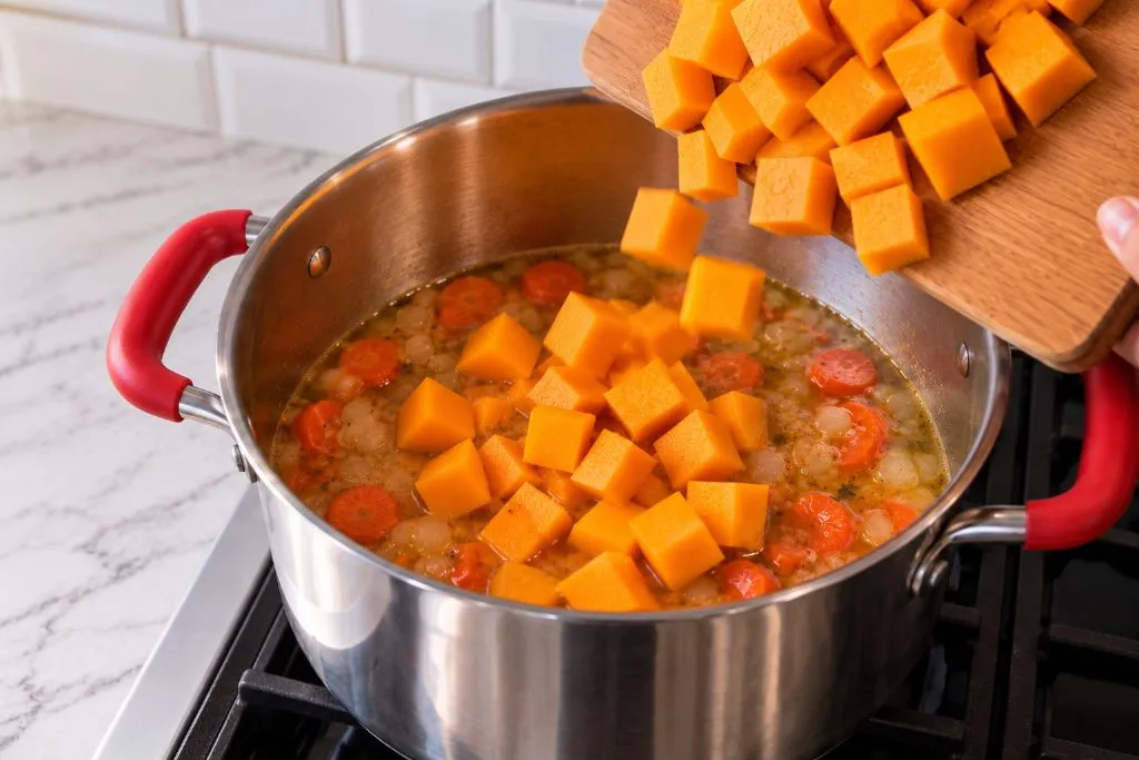 Cubed butternut squash being added to a pot of sauteed onion and carrot for butternut squash soup