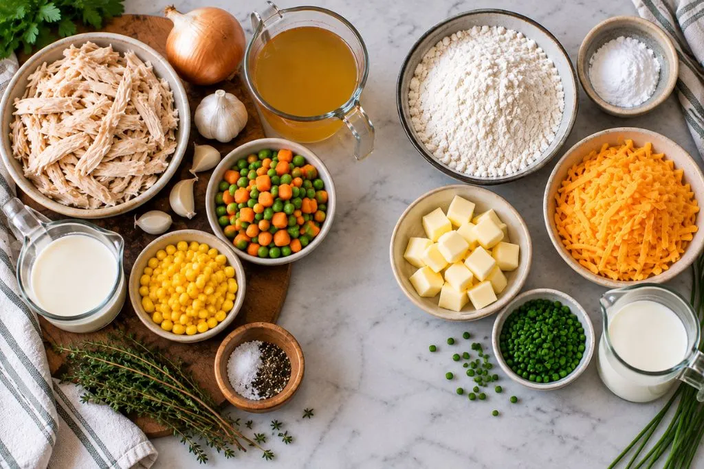 Ingredients for chicken cobbler: shredded chicken, vegetables, broth, flour, butter, cheddar and chives laid out