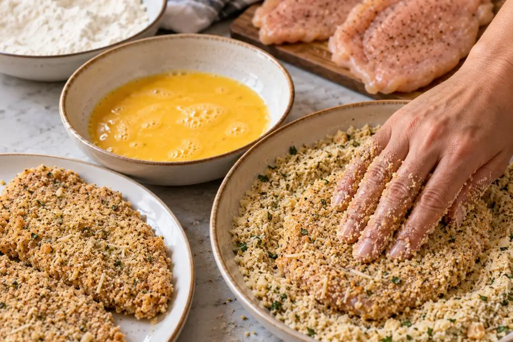 Pressing a chicken cutlet into seasoned breadcrumbs at the breading station