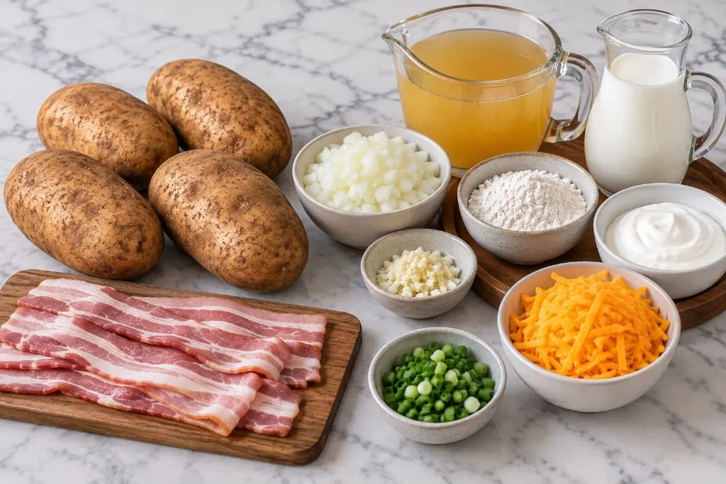 Ingredients for loaded baked potato soup including russet potatoes, bacon, onion, garlic, cheddar and sour cream